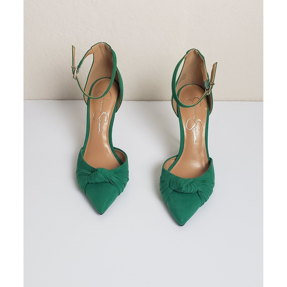 Jessica Simpson Green Faux Suede Pointed Toe Knot Ankle Strap Pumps Heels 7M